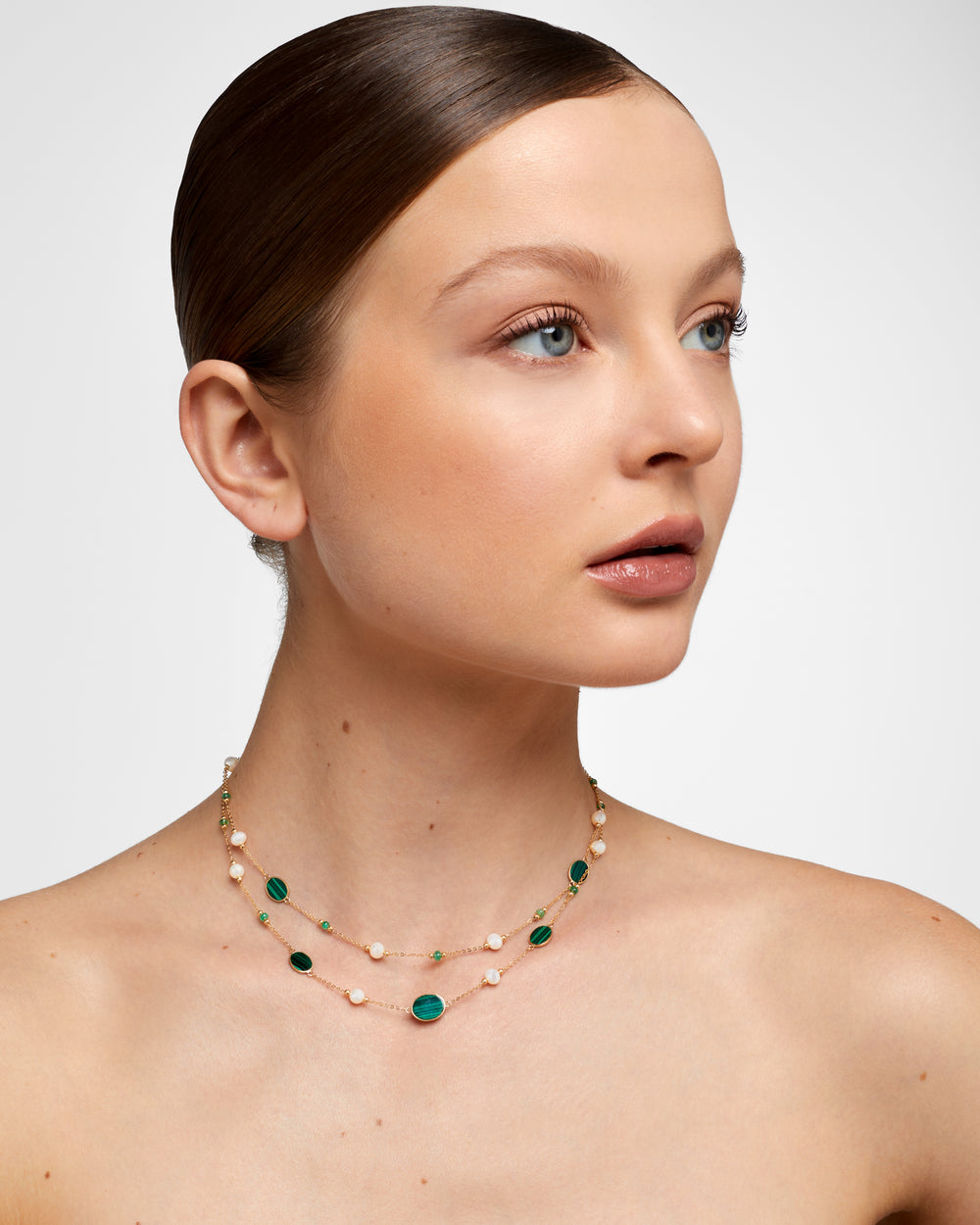 Little Sur Malachite Inlay Emerald Pearl Double Layer Chain Necklace